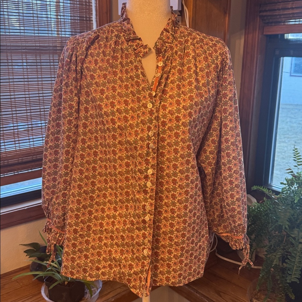 Sundance Ashton Drape Cotton Floral Button Blouse Large Pink Puff Sleeves Gauzy